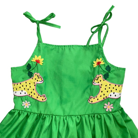 Girls Safari Zoo Animal Embroidered Appliqué Tie Strap Green Vacation Dress - Picture 4 of 6